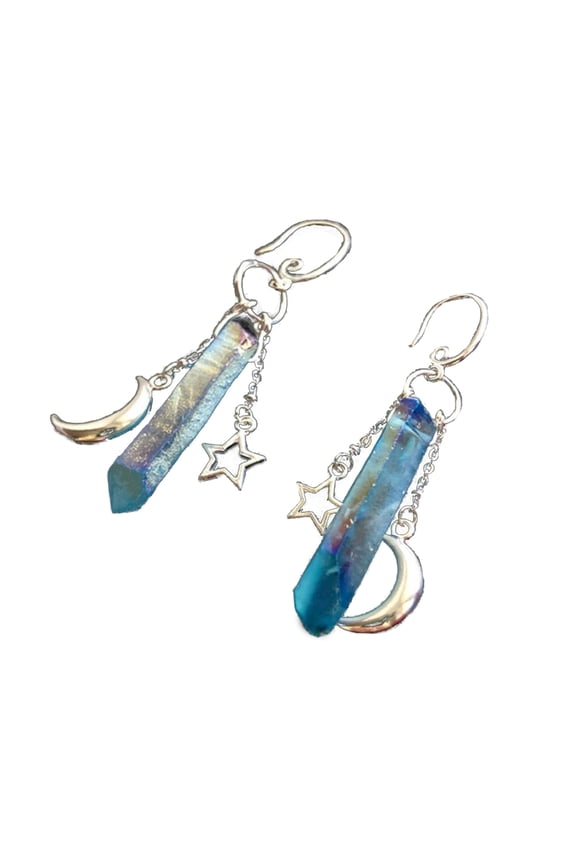 Raw Crystal Moon and Stars Earrings with Dangle Witch Jewelry Celestial Healing Quartz Handmade Jewelry Women Gift