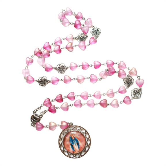 SIEYIO Rose and Heart Beads Glass Pendant Rosary Necklace with Glass Pendant Christian Prayer Believers Neckwear for Parties