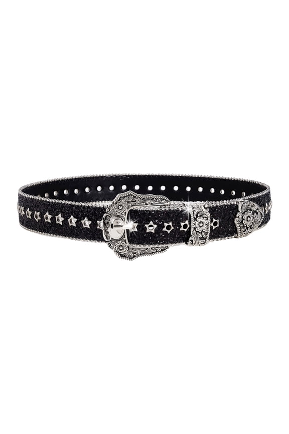 Sequined Waist Belt Glinting Carving Buckle with Encrusted Glitter Eyelets