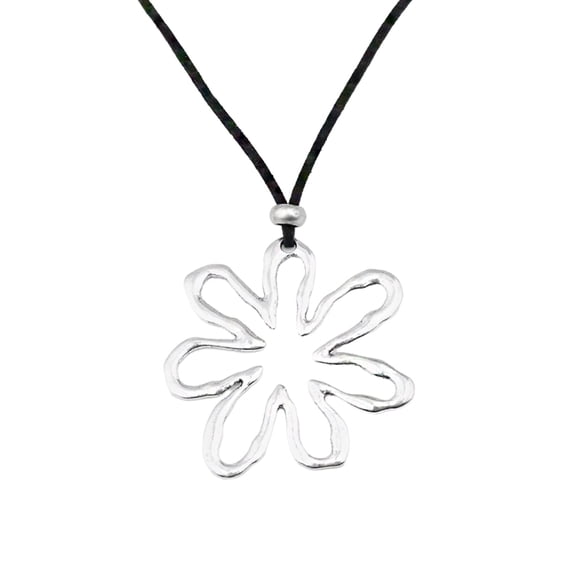 SIEYIO Silver Color Large Abstract Hollow Flower Pendant Necklace Long Black Rope