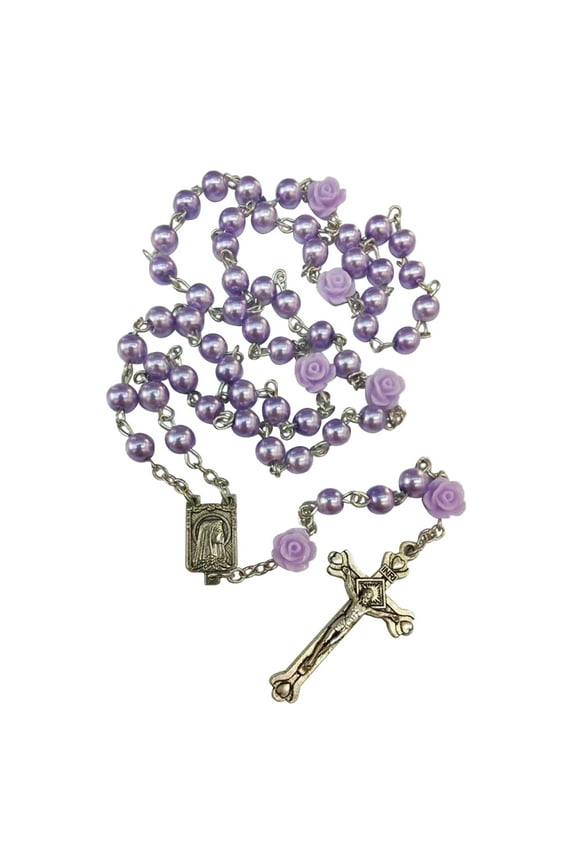 Stylish Christian Rose Flower Necklace Glass Bead Cross Pendant Rosary Necklace Christian Jewelry Ornament Unisex