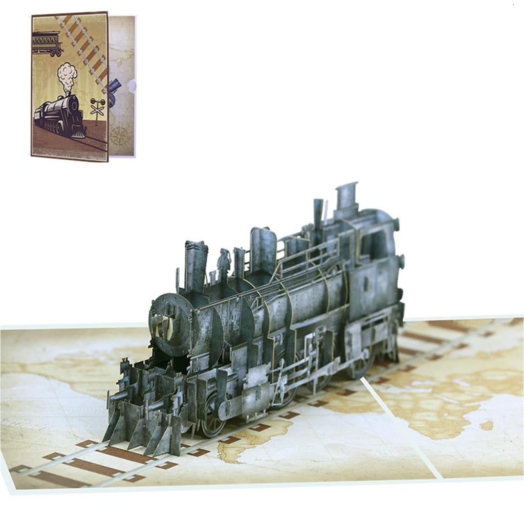 SIEYIO Unique 3D Popup Steam Train Greeting Card with Envelope Foldable Happy Birthday Card for Party Invitation Card