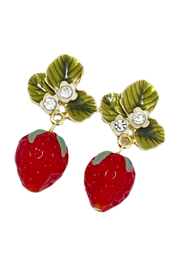 Unique Strawberry Green Leaves Earrings Handmade 3D Simulated Fruit Pendant Ear Studs Comfortable Ear Accessories