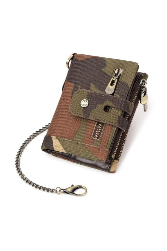 Water Resistant Men's Oxford Wallet with Safety Metal Chain and Easy Access Zippered Coin Pocket Multi Card Slots Purse