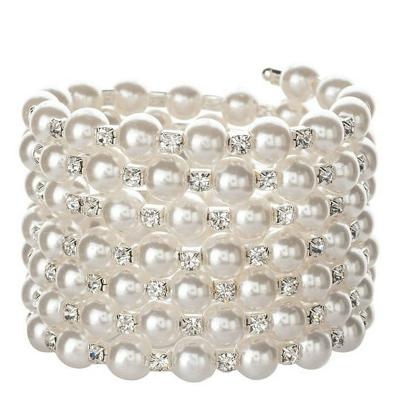 SIEYIO Wide Statement Beaded Bracelets&Bangles for Women Rhinestones Pearl Adjustable Wristband Cuff Wedding Jewelry