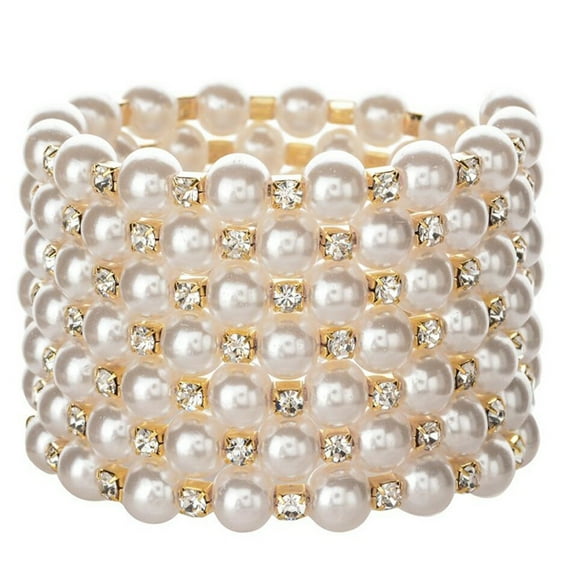 SIEYIO Wide Statement Beaded Bracelets&Bangles for Women Rhinestones Pearl Adjustable Wristband Cuff Wedding Jewelry