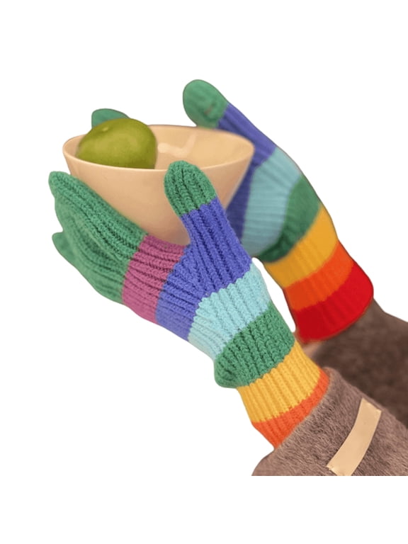 Winter Full Finger Knit Mitten with Rainbow Color Striped Gloves for Teens
