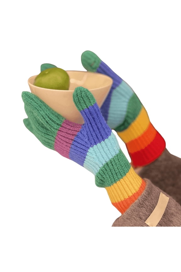 Winter Full Finger Knit Mitten with Rainbow Color Striped Gloves for Teens