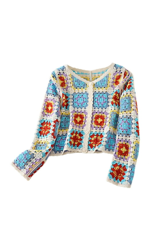 Women Autumn Long Sleeve Crochet Cardigan Ethnic Hollow Knit Colorful Geometric Pattern Button Down Sweater Coat for Jac
