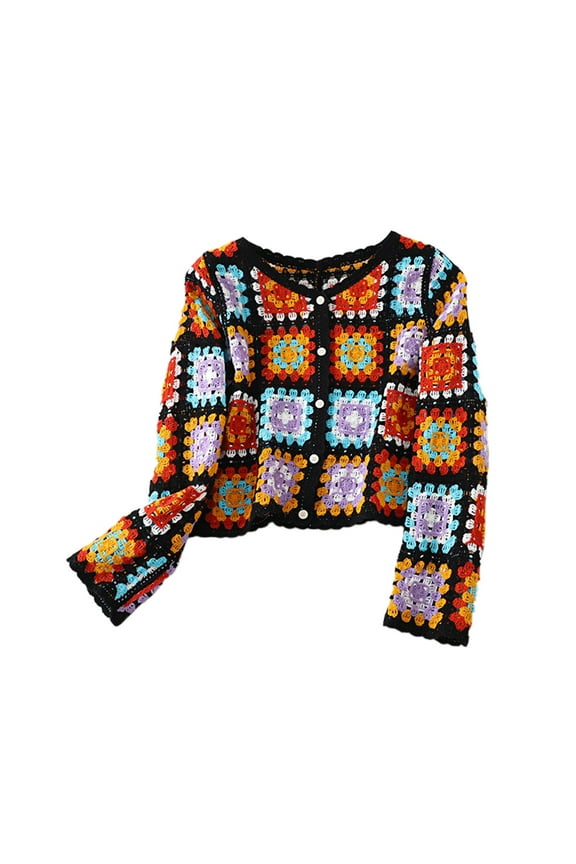 Women Autumn Long Sleeve Crochet Cardigan Ethnic Hollow Knit Colorful Geometric Pattern Button Down Sweater Coat for Jac