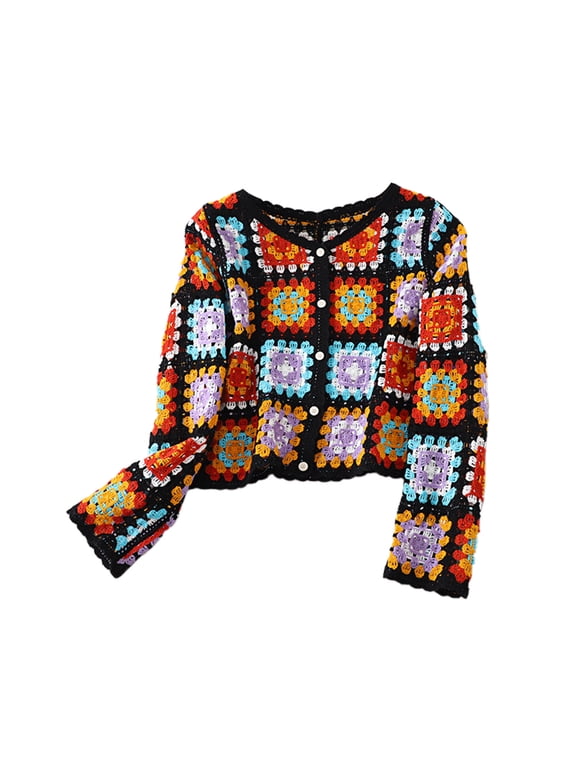 Women Autumn Long Sleeve Crochet Cardigan Ethnic Hollow Knit Colorful Geometric Pattern Button Down Sweater Coat for Jac