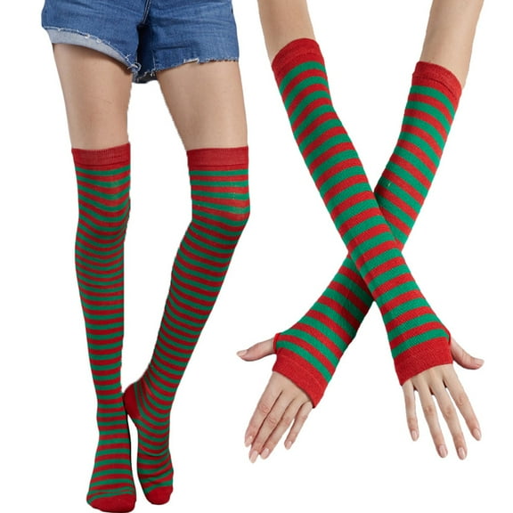 SIEYIO Women Colorful Striped Thigh High Socks Arm Warmers Set Knit Over Knee Stockings