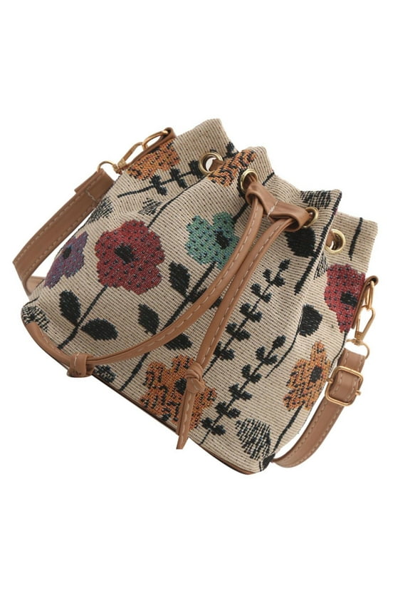 Women Crossbody Bag Ethnic Styles Shoulder Bag Drawstring Bucket Bag for Daily
