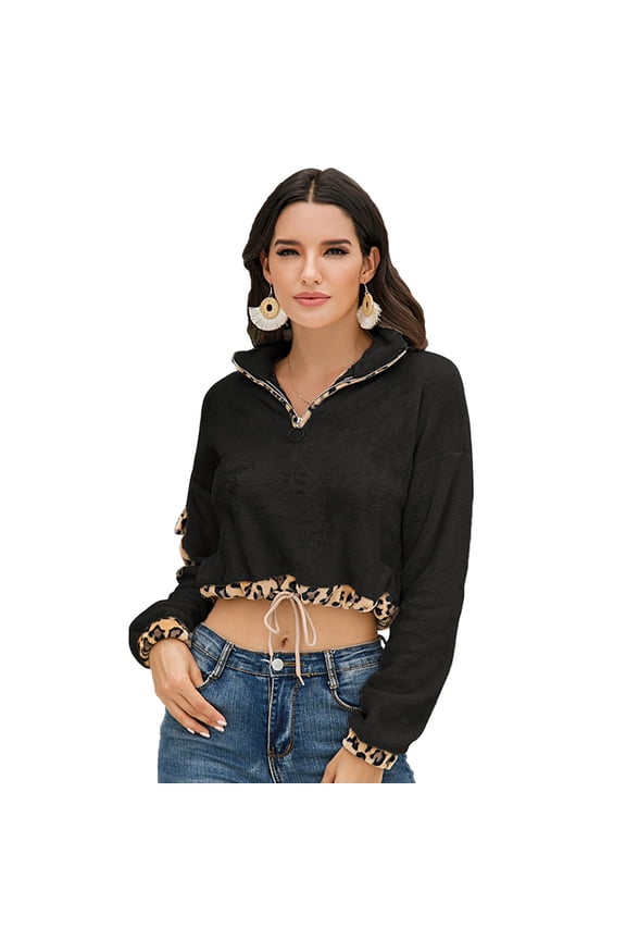 Women Fuzzy Plush Leopard Pocket Sweatshirt Lapel Zipper Drawstring Hem Crop Top