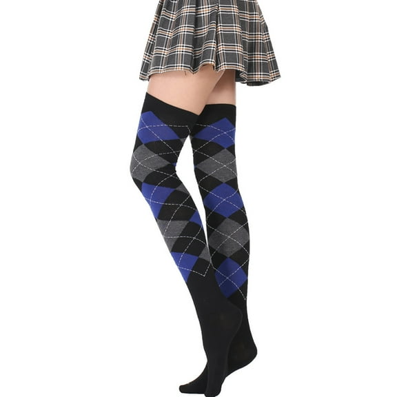 SIEYIO Women Girls Student Thigh High Socks European College Style Vintage Colorful Argyle Plaid Pattern Over Knee Stockings