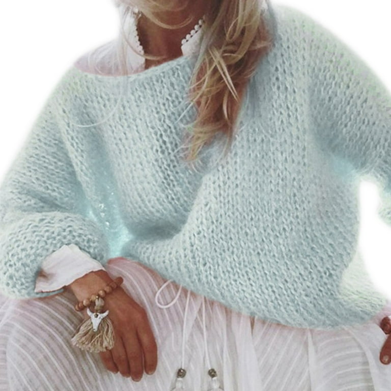 SIEYIO Women Lantern Long Sleeve O Neck Sweater Fluffy Fuzzy