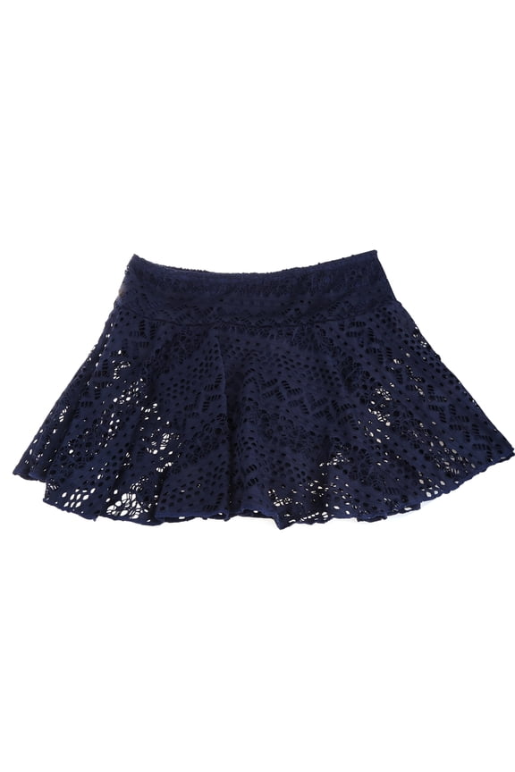 Women Mid Waist Crochet Lace Bikini Bottom Swim Skirt with Built-in Lining Brief Solid Color Beach Mesh Swimsuit Skort