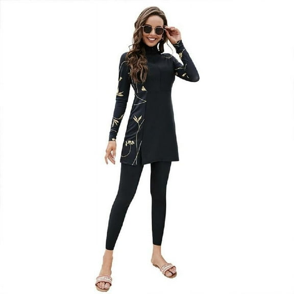 SIEYIO Women Modest Muslims Swimsuit Full Coverage Swimwear Islamic Ladies Beachwear Printed Burkinis Long Sleeve Dress Pants