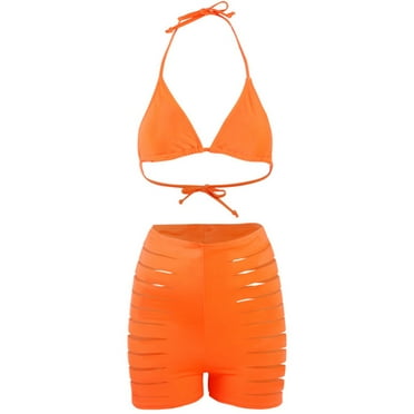 SIEYIO Women Sexy Neon Solid Brazilian Bikini Halter Padded Hollow Out Shorts Swimsuit