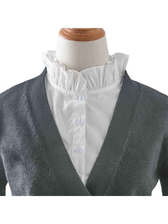 Women Solid Color Fake Collar Detachable Blouse Ruffled Turtleneck False Collar Button Down Half Shirts Layering Top