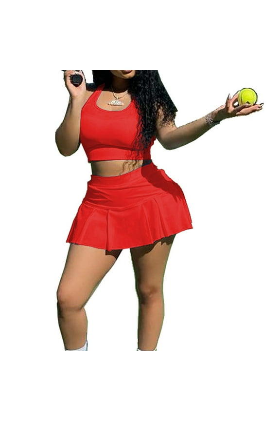 Women Summer 2pcs Outfits Set for Tank Crop Top and Tennis Skorts Mini Pleated Ruffle Skirt Solid Color Tracksuit Active
