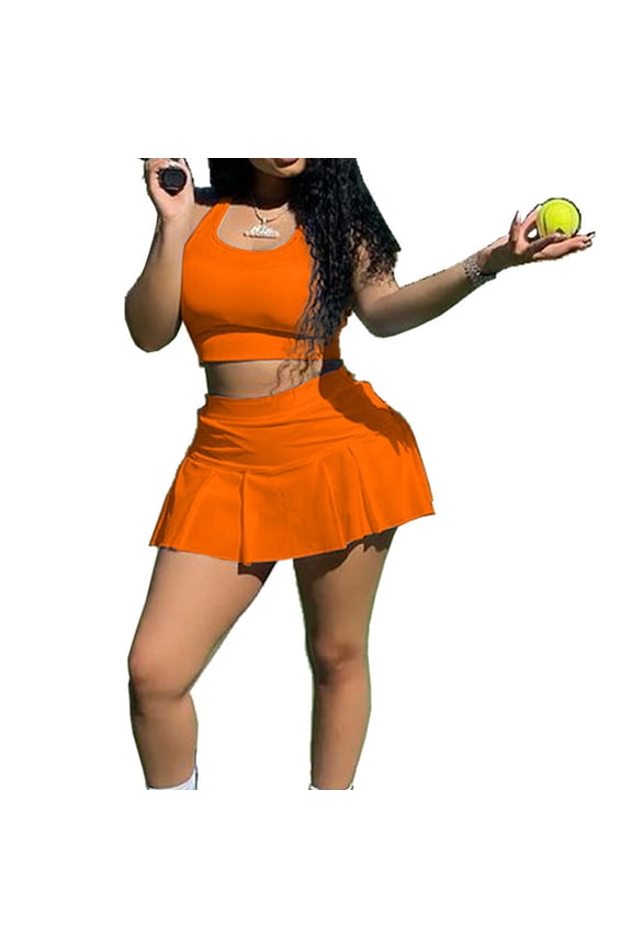 Women Summer 2pcs Outfits Set for Tank Crop Top and Tennis Skorts Mini Pleated Ruffle Skirt Solid Color Tracksuit Active