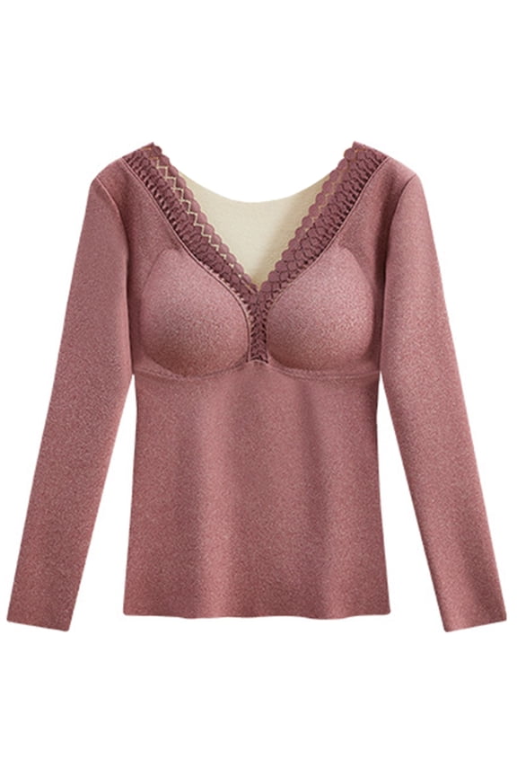 Women Thermal Underwear Lace V Neck Long Sleeve Fleece Lined Base Layer Winter Bottom Top Slim Fitted Thermal Undershirt