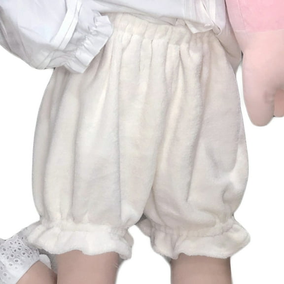 SIEYIO Women Winter Plush Velvet Lolita Bloomers Ruffled Lace Trim Bow Loose Pumpkin Pants Solid Color Thermal Pajama Safety Shorts Lounge Underpants