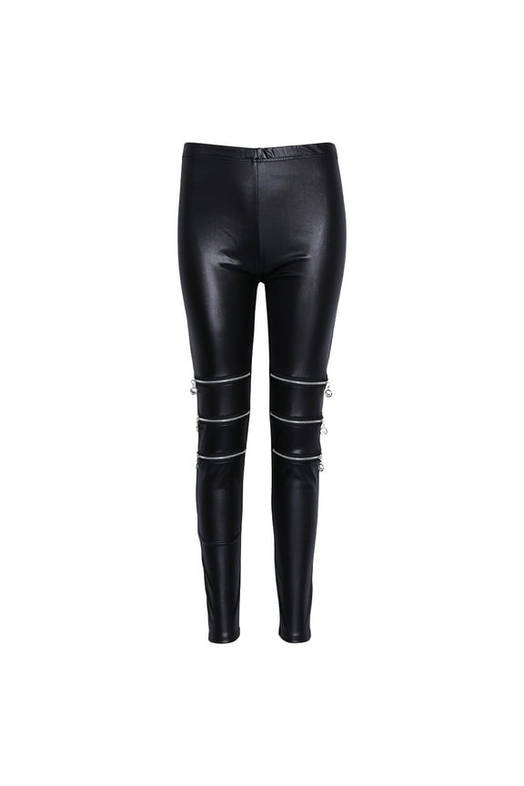 Womens Faux Stretch Skinny Pencil Pants Zipper Decoration Leggings