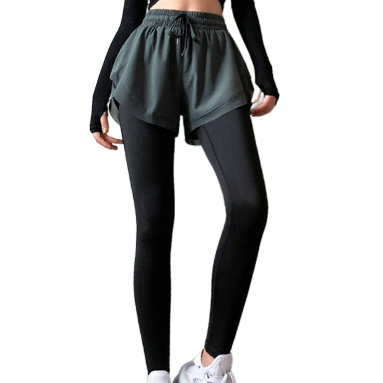 SIEYIO Womens High Rise 2 In 1 Tight Sports Leggings with Shorts Drawstring Waist Solid Color Running Yoga Workout Long Pants