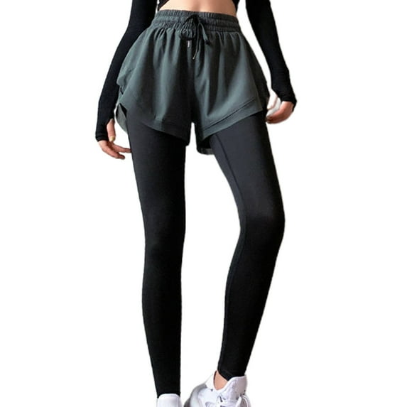 SIEYIO Womens High Rise 2 In 1 Tight Sports Leggings with Shorts Drawstring Waist Solid Color Running Yoga Workout Long Pants