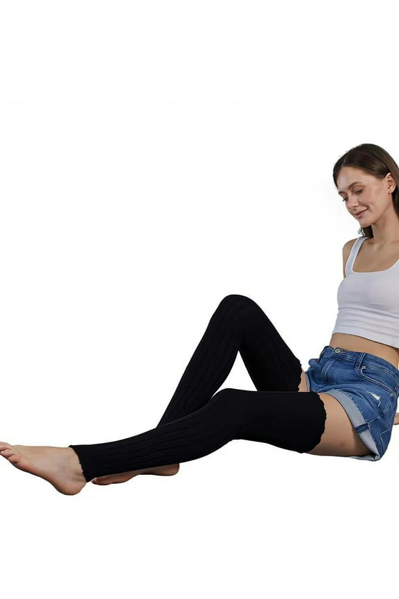 Womens Ribbed Cable Knit Leg Warmers Winter Warm Ruffled Top Stretch Over Knee Thigh High Long Socks Footless Stockings