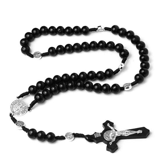 SIEYIO Wood Bead Cross Rosary Necklace Holy Catholic Christian Church Home Bedroom D