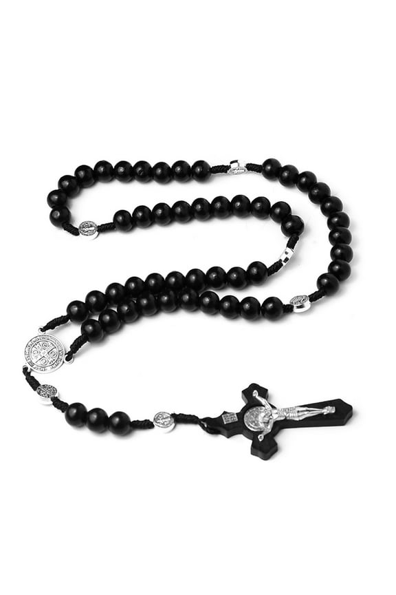 Wood Bead Cross Rosary Necklace Holy Catholic Christian Church Home Bedroom D