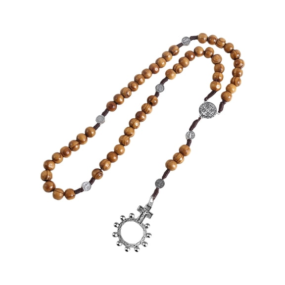 SIEYIO Wood Beads Rosary Necklace with Pardon Crucifix Medals Catholic Faith Accessory