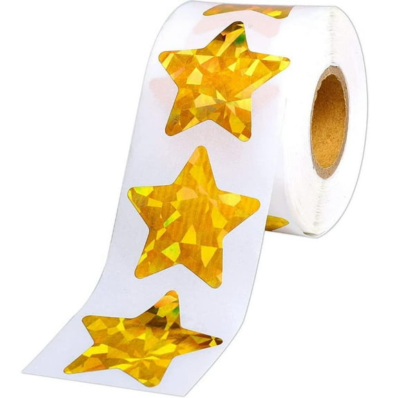Large Holographic Gold Star Stickers 500 Pcs Shiny Sparkle Star Adhesive per Roll Reward Foil Labels for Home, School, Bar, DIY and Office Decoration