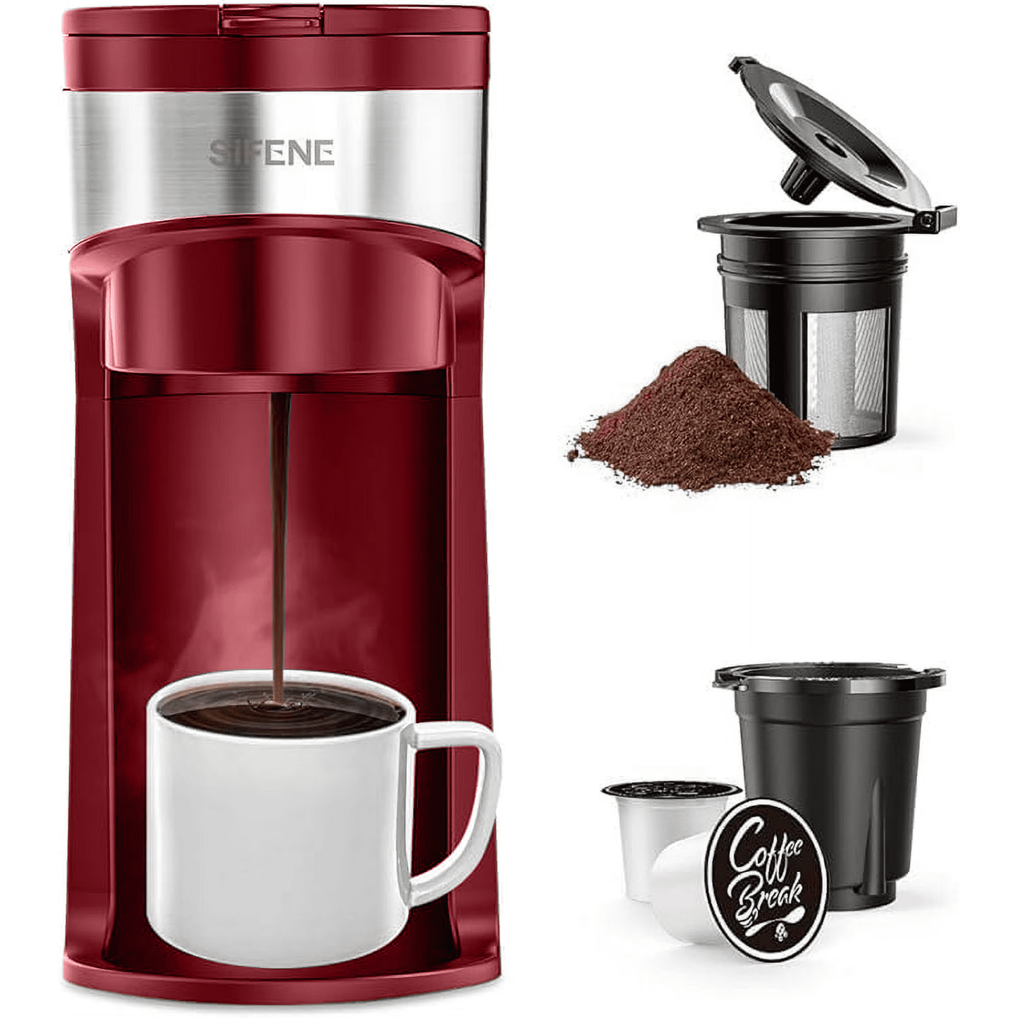 SIFENE 2-in-1 Single Serve Coffee Maker, Compatible with K Cup Capsules & Grounds, Fast Brew, Mini Compact Design, 6-12 Oz Brew Sizes, Descaling Reminder, Reusable Filter, Dorm RV, Red