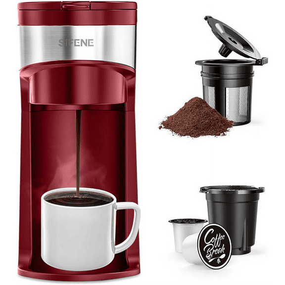SIFENE 2-in-1 Single Serve Coffee Maker, Compatible with K Cup Pods & Grounds, Fast Brew, Mini Compact Design, 6-12oz - Red