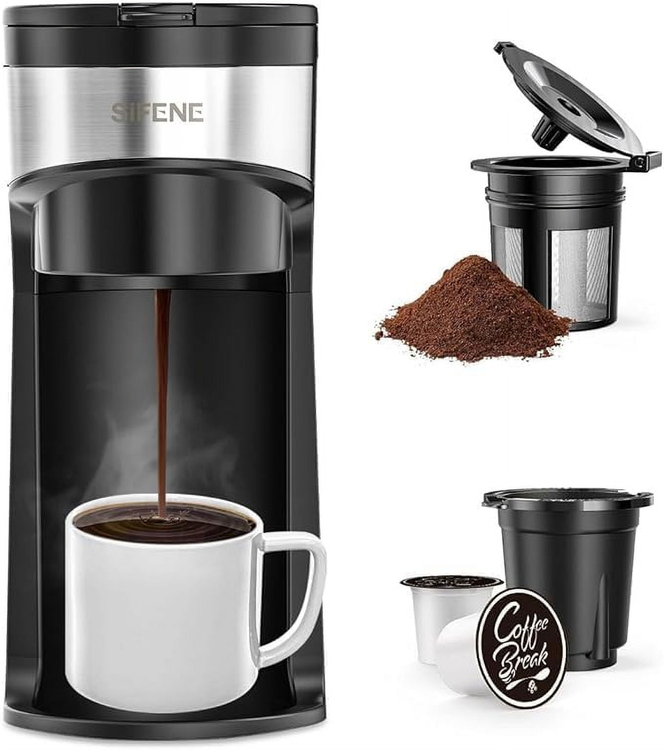 Walmart promo code:  SIFENE 2-in-1 Single Serve Coffee Maker, Compatible with K-Pods & Grounds, Fast Brew, Compact Design, 6-12oz