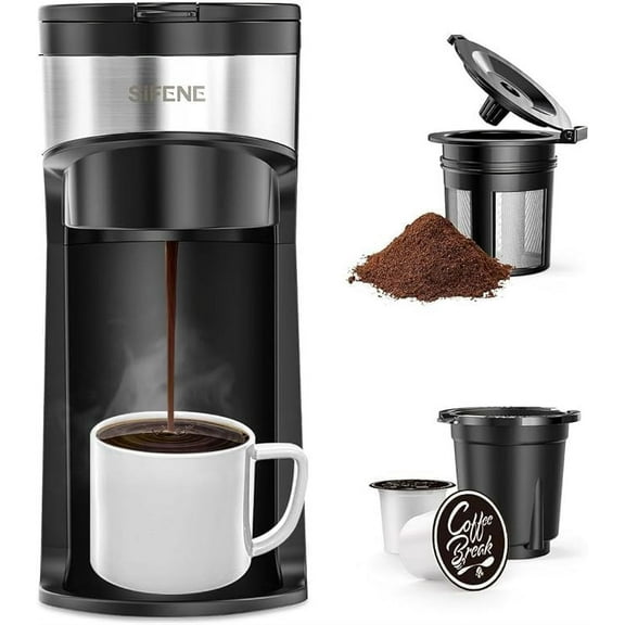 SIFENE 2-in-1 Single Serve Coffee Maker, Compatible with K-Pods & Grounds, Fast Brew, Compact Design, 6-12oz
