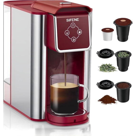 SIFENE 3-in-1 Single Serve Coffee Maker, Compatible with K Cup Capsules & Grounds, Auto Shut Off, Fast Brew, Compact Design, Tea Maker, 50 Oz Removable Reservoir, Home Office Use, Red