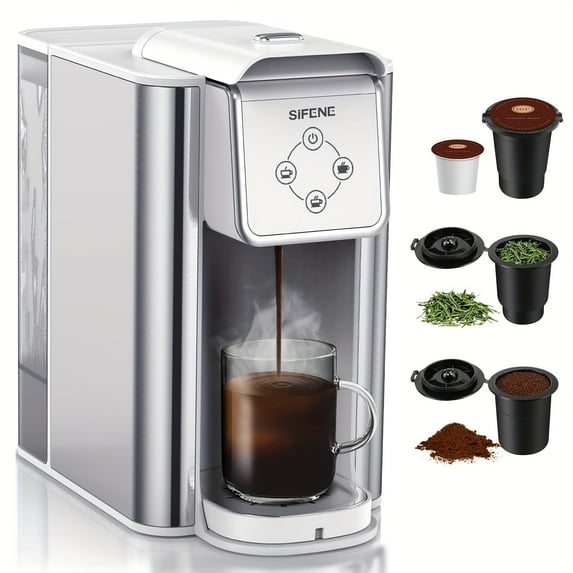 SiFENE 3-in-1 Single Serve Coffee Maker - K Pod Coffee Machine, Ground Coffee, Tea, Removable Water Reservoir - White