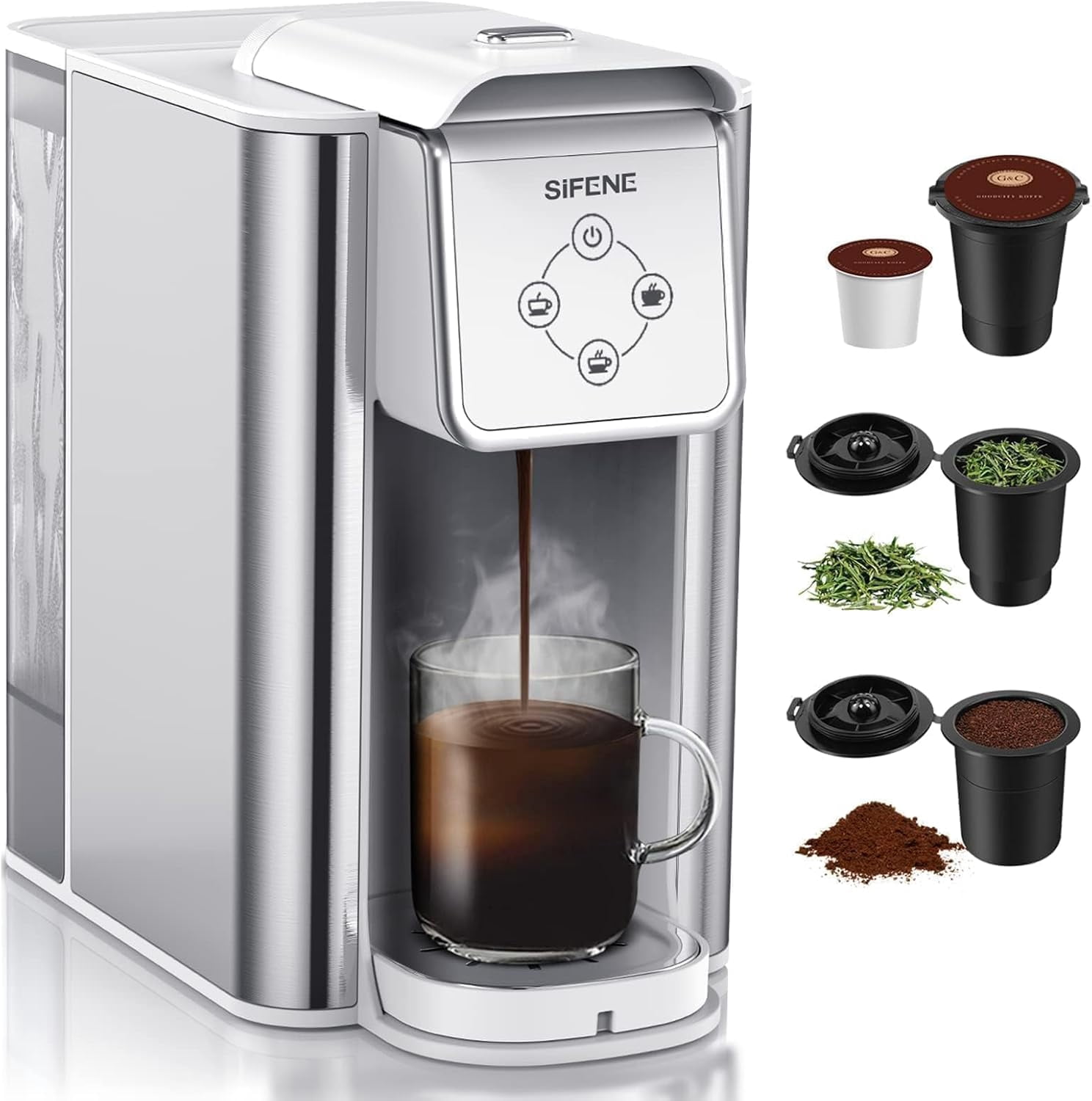 SIFENE 3 in 1 Single Serve Coffee Maker: Coffee Machine Compatible with K Cup Capsules & Grounds, Instant Coffee Pot, Tea Maker Brewer - Removable 50 Oz Water Reservoir, 120V 1150W, White