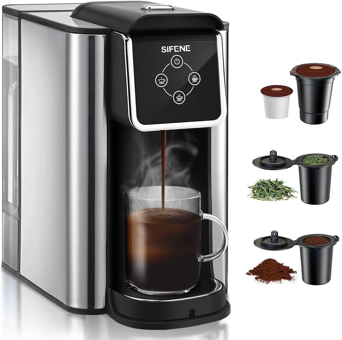 SiFENE 3-in-1 Single Serve K-Cup Brewer, Grounds Coffee Maker, 6-10 oz Cup, 50 oz Tank, Black