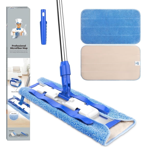 SIGA Professional Microfiber Mop Hardwood, Laminate, Tile Floor Cleaning, Stainless Steel Telescopic Handle - 3 Reusable Flat Mop Refills 1 Dirt Removal Scrubber Included