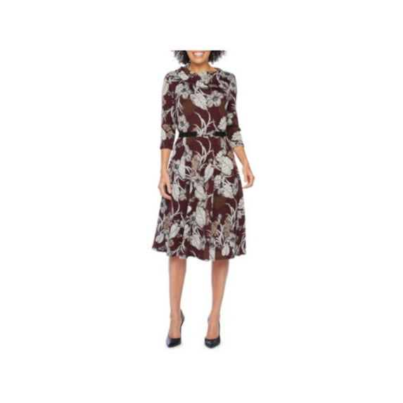 SIGNATURE BY ROBBIE BEE Womens Burgundy Floral 3/4 Sleeve Cowl Neck Knee Length Fit + Flare Dress Petites PM