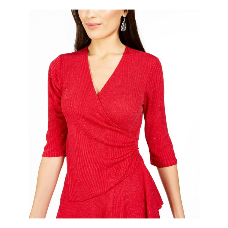 SIGNATURE BY ROBBIE BEE Womens Red Ruffled Glitter 3 4 Sleeve V Neck Short Party Fit Flare Dress Petites PM