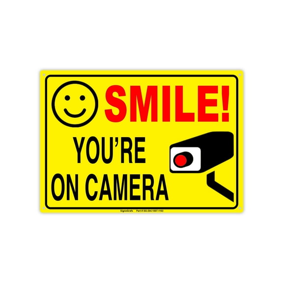 SIGNOGRAFX 2-Pack SMILE YOURE ON CAMERA SIGN, 10 x 7, Video Surveillance Signs Outdoor, Reflective, Security Camera for Home, Easy to Install Indoor and Outdoor use, Driveway Alert, CCTV