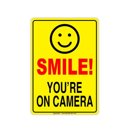 SIGNOGRAFX SMILE YOU’RE ON CAMERA SIGN, 10 x 7, Pack of 2, Video Surveillance Signs Outdoor, Security Camera for Home CCTV, Driveway Alert Easy to Install Indoor and Outdoor use
