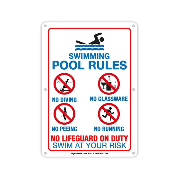 SIGNOGRAFX SWIMMING POOL RULES SIGN, 14Inch x 10Inch, Metal Sign, Full Color Digital Printing, Easy to Install Indoor and Outdoor.
